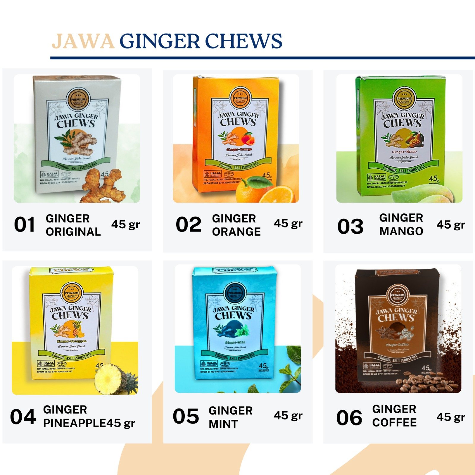 Jawa Ginger Chews – Permen Kenyal Berbahan Dasar Jahe Indonesia (Beragam Rasa, Kemasan Ritel 45 g)